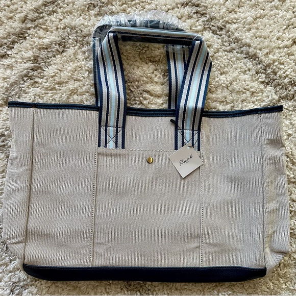 Cream Navy Blue Striped Everyday Canvas Tote Bag - Picture 1 of 7